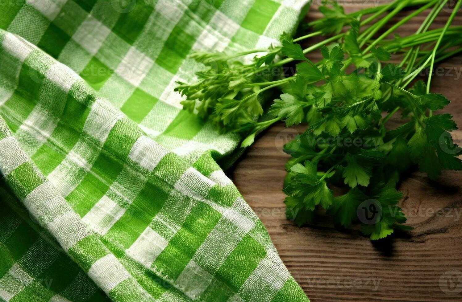 White wooden table covered with green tablecloth and cooking utensils. View from top. Empty tablecloth for product montage. Free space for your text. Created with Generative AI technology. photo