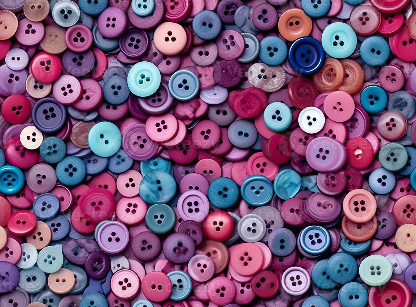Many colorful garment buttons in various shapes and sizes. SEAMLESS PATTERN. Created with Generative AI technology. photo
