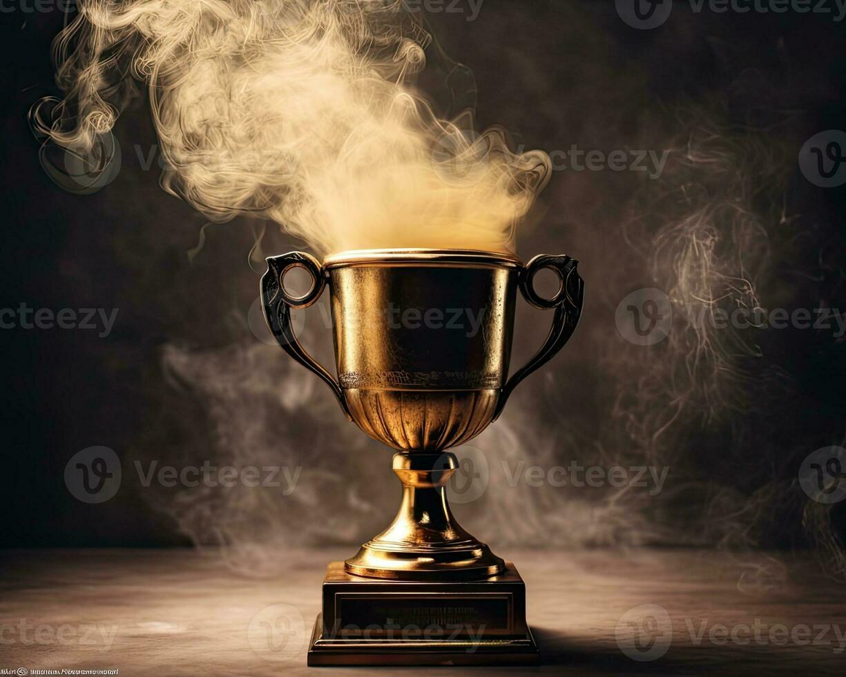 Trophy on top of wooden table in front of dark background. copy space ready for your design win concept. Created with Generative AI technology. photo