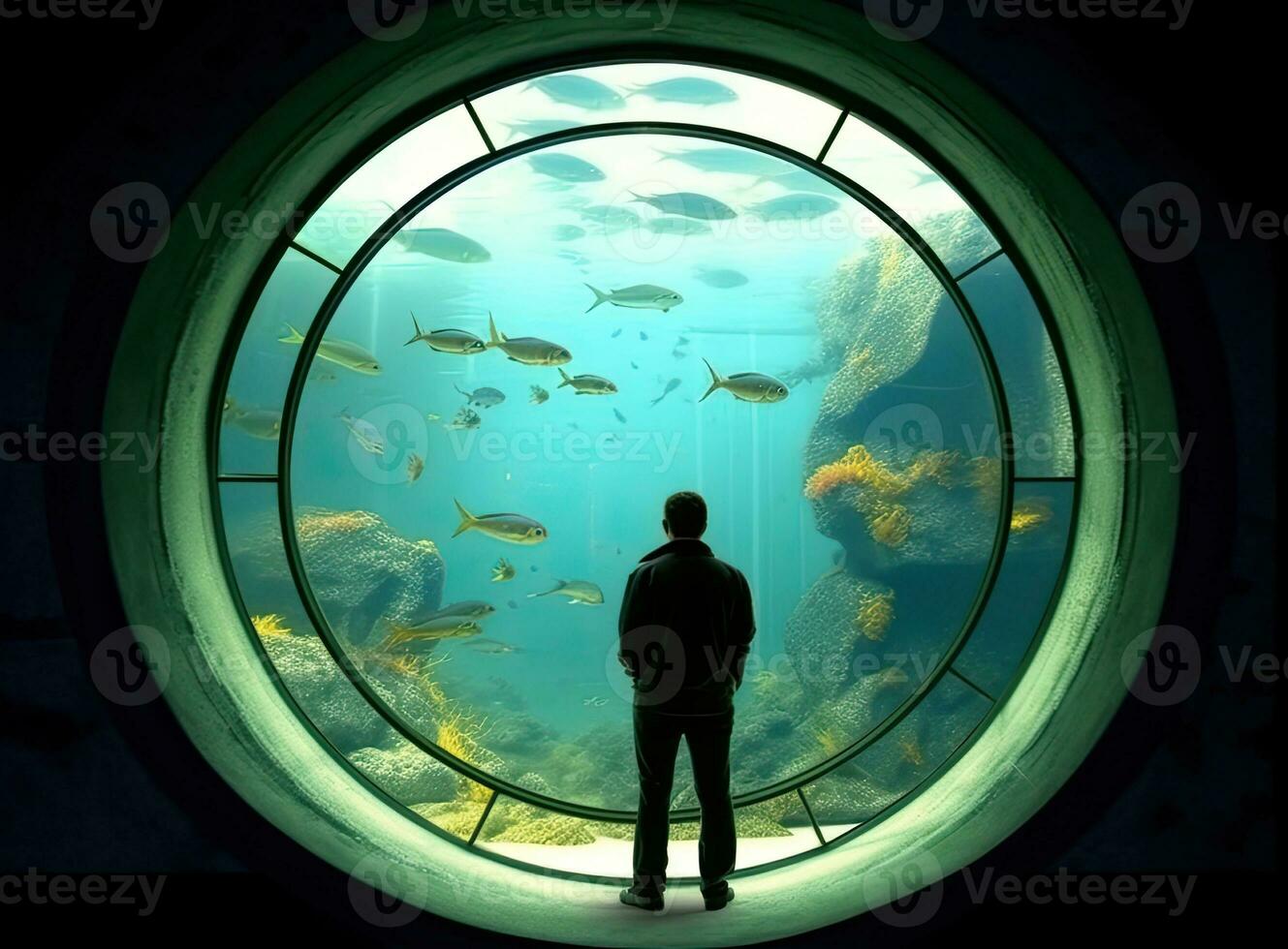 Man watching underwater world through round window in aquarium Created with Generative AI technology. photo