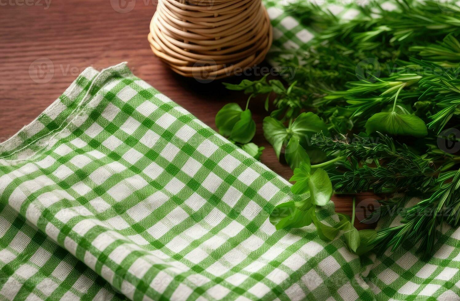 White wooden table covered with green tablecloth and cooking utensils. View from top. Empty tablecloth for product montage. Free space for your text. Created with Generative AI technology. photo