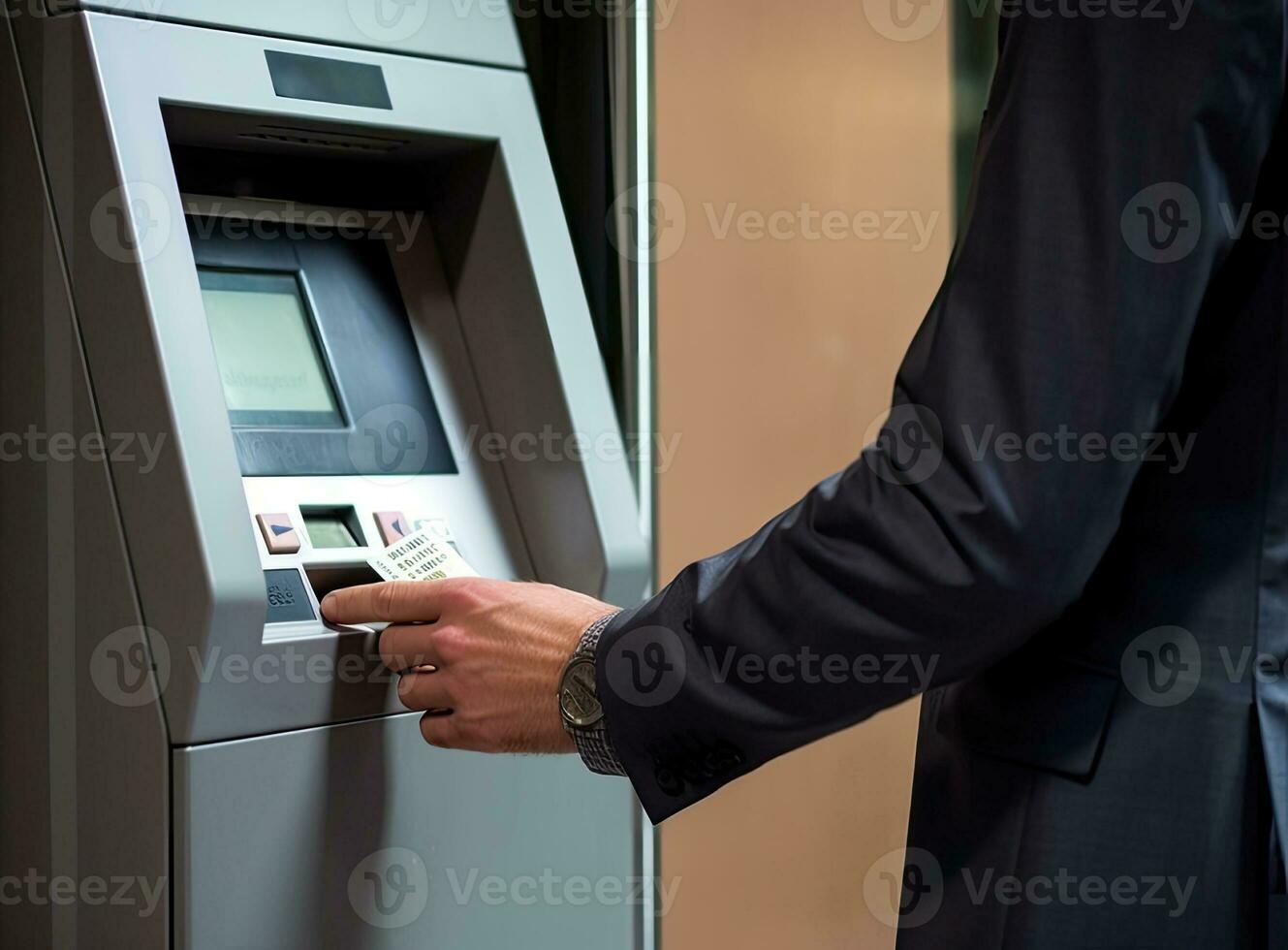 Close up image unrecognizable businessman hand using plastic pass card entering or leaving office modern workspace. Gateway and electronic card reader. Created with Generative AI technology. photo