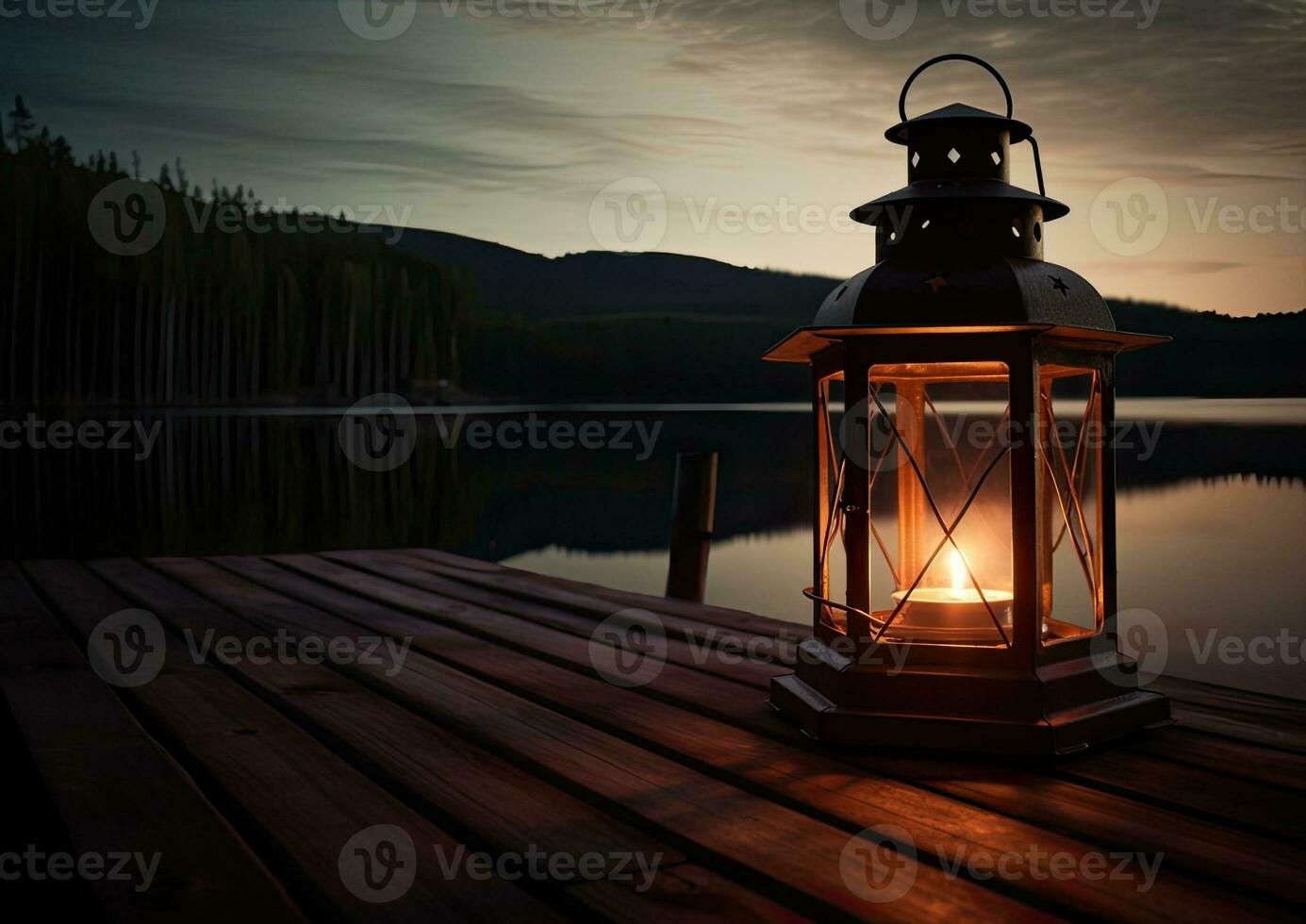 Old kerosene lantern with warm yellow light on a bridge by a lake in the evening. Burning lantern on a stone in the moonlight. The light of the sun reflecting Created with Generative AI technology. photo