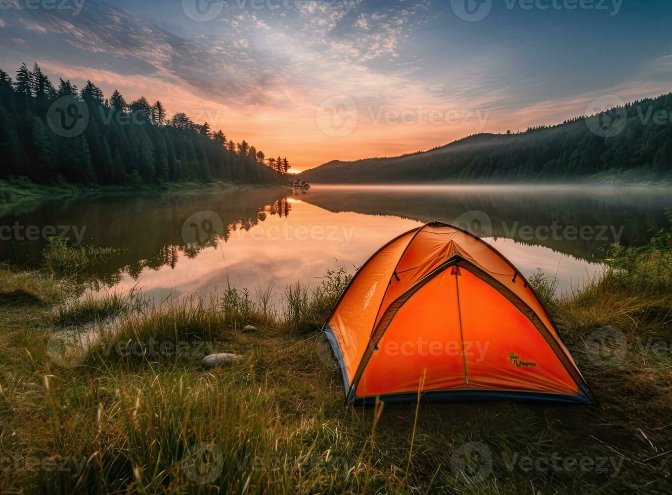 tourist lit tent by the lake at sunset. Dramatic sky. Orange lit inside the tent and a fire over the misty river at sunset. Dramatic sunset. Summer landscape. Created with Generative AI technology. photo