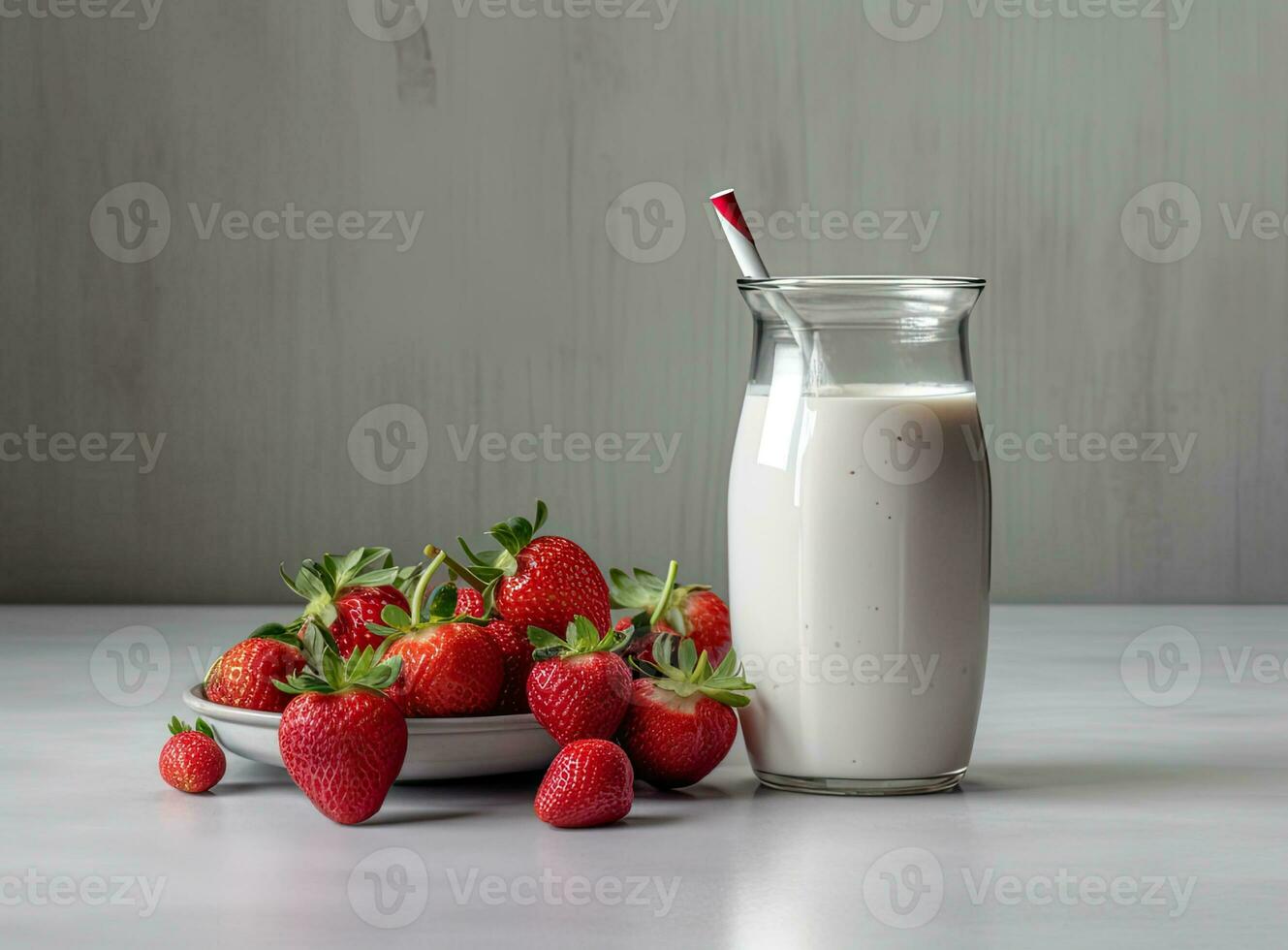 Healthy Organic Drinkable Yogurt Kefir in a Glass. Close-up shot on a full glass of white Kefir enriched with some mint leaves. Created with Generative AI technology. photo