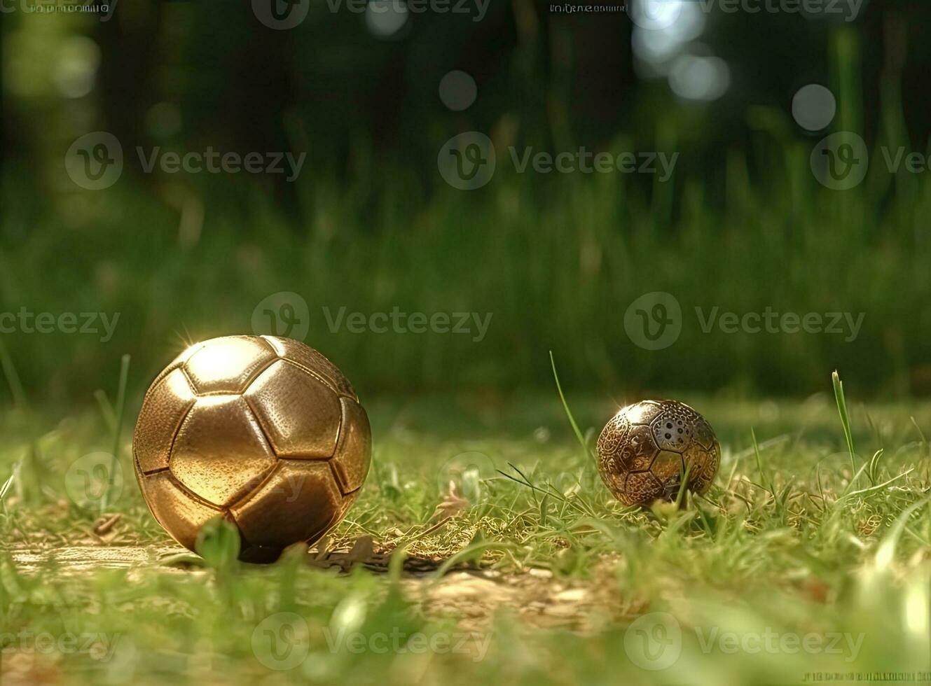 Trophy of the FIFA World Cup on the green grass of the football field. Created with Generative AI technology. photo