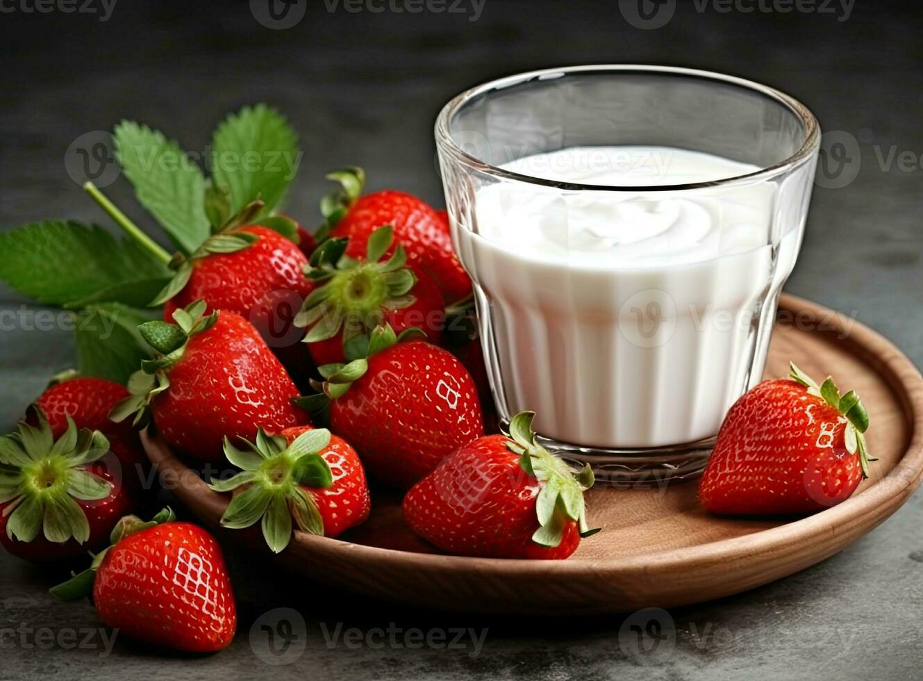 Healthy Organic Drinkable Yogurt Kefir in a Glass. Close-up shot on a full glass of white Kefir enriched with some mint leaves. Created with Generative AI technology. photo