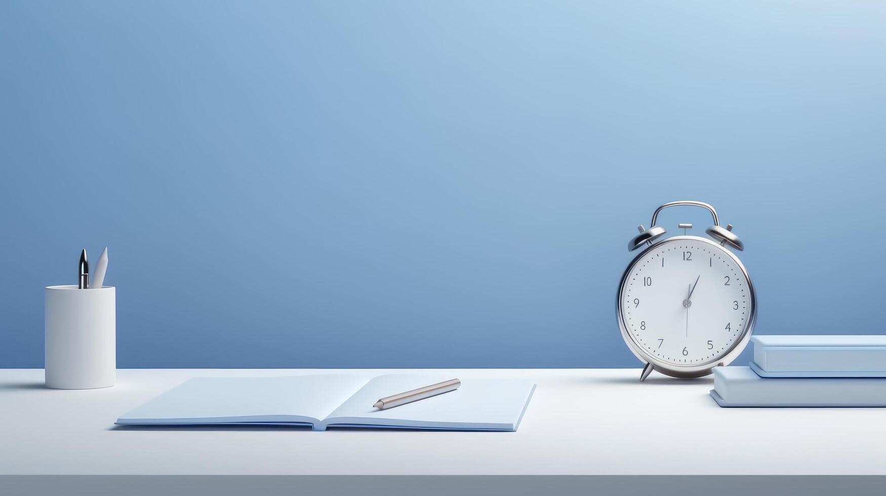 Realistic Clock on Workplace for Business Concept. Time Management and Self Organization. photo