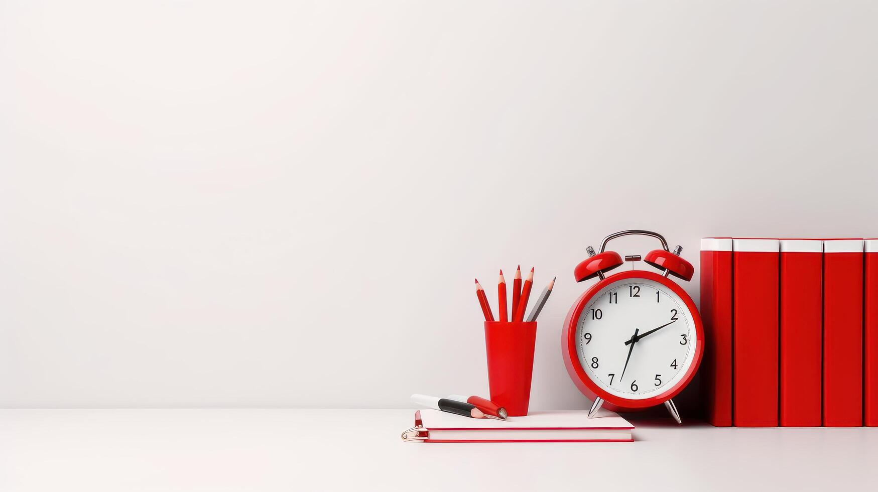 Back to School Concept with Clock on Red and White Background. Created photo