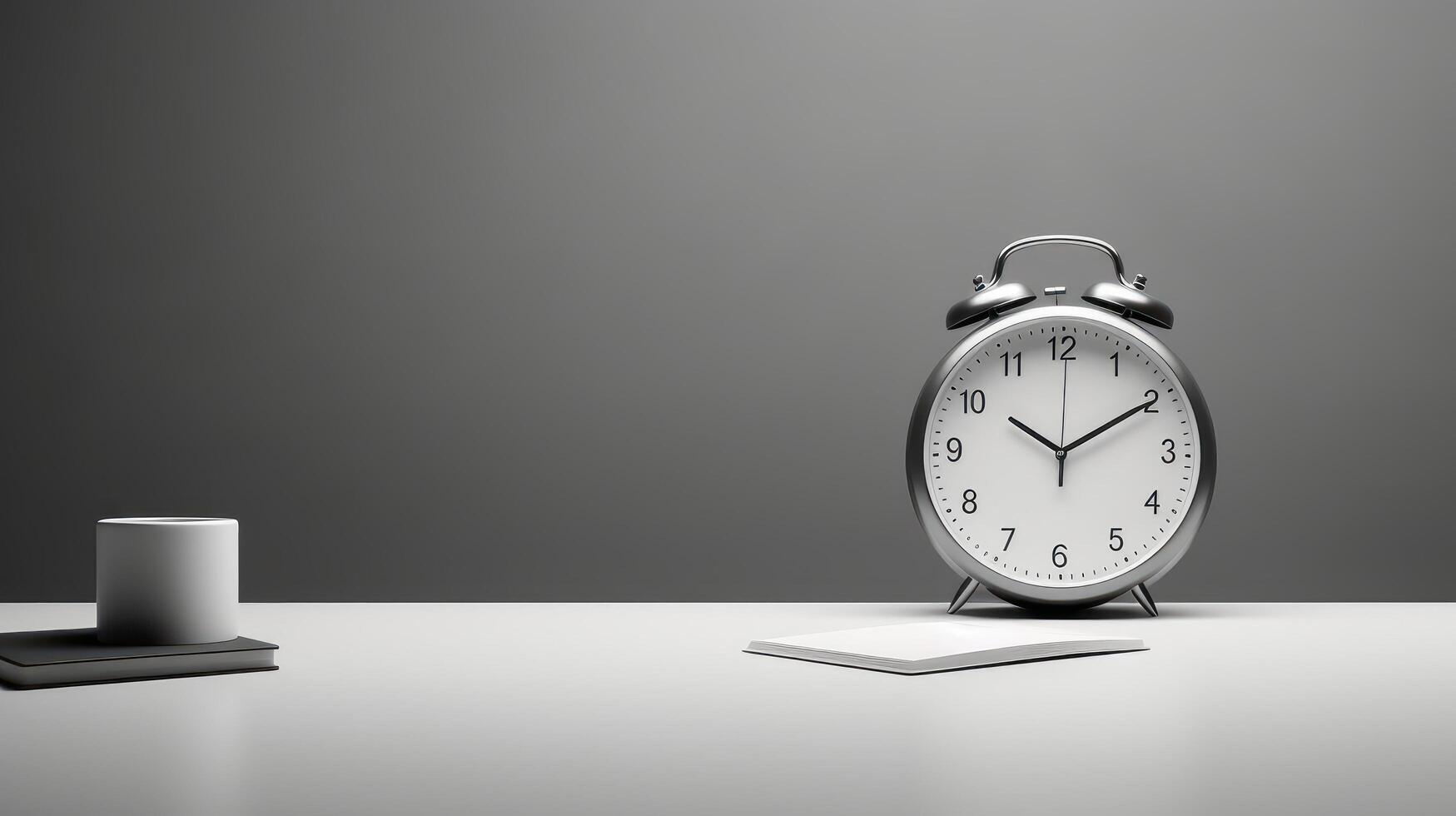 Realistic Clock on Workplace for Business Concept. Time Management and Self Organization. photo