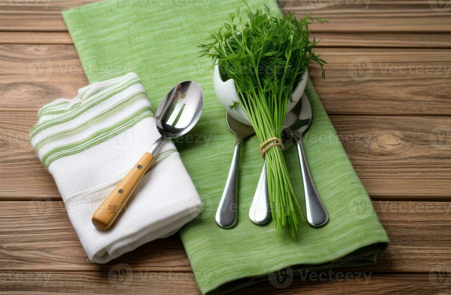 White wooden table covered with green tablecloth and cooking utensils. View from top. Empty tablecloth for product montage. Free space for your text. Created with Generative AI technology. photo