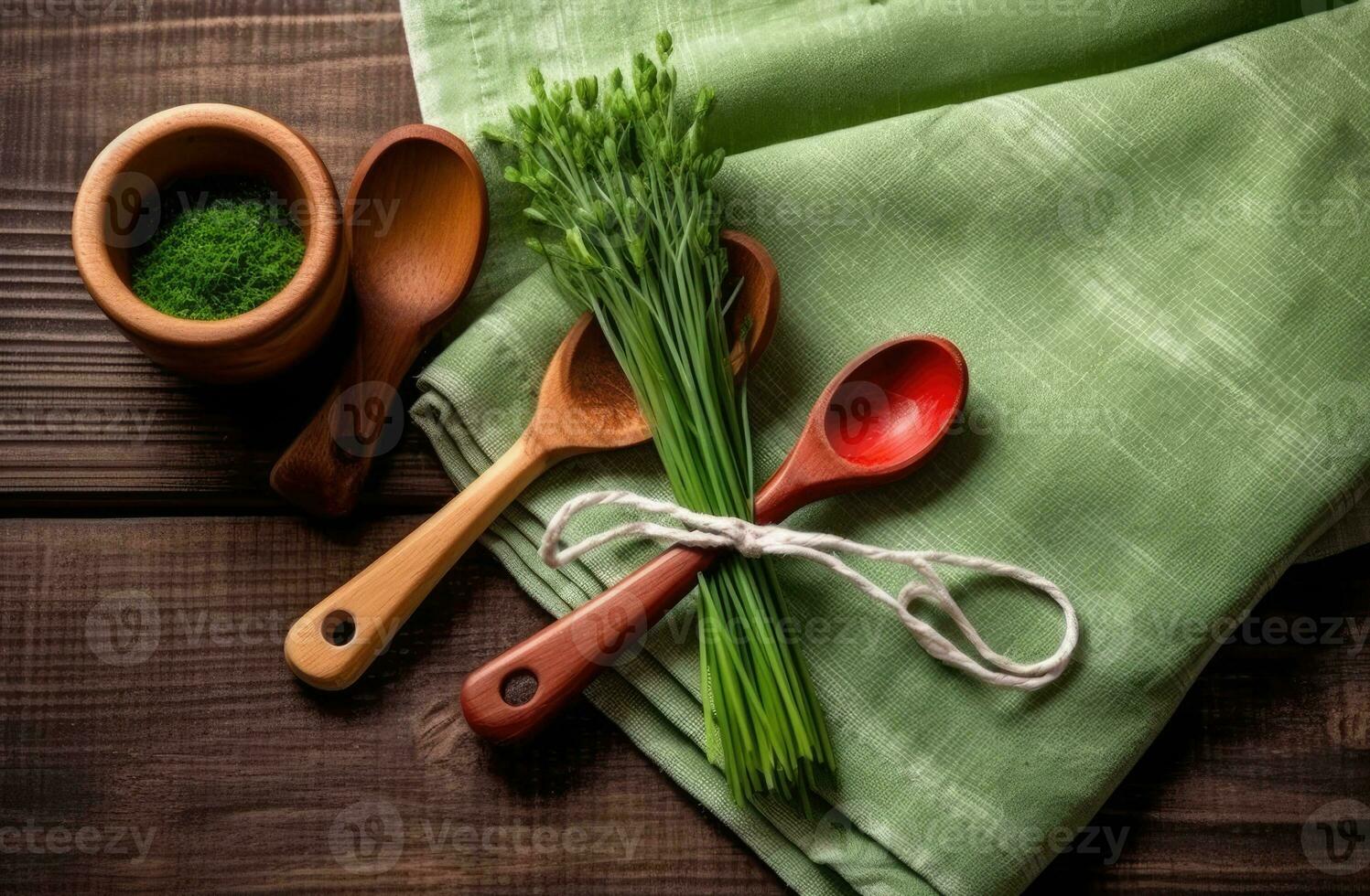 White wooden table covered with green tablecloth and cooking utensils. View from top. Empty tablecloth for product montage. Free space for your text. Created with Generative AI technology. photo