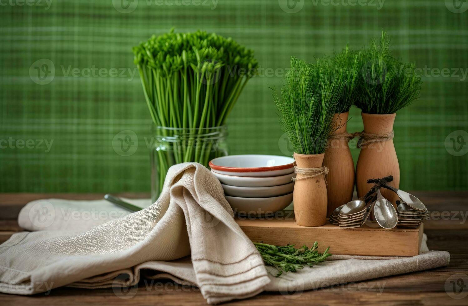 White wooden table covered with green tablecloth and cooking utensils. View from top. Empty tablecloth for product montage. Free space for your text. Created with Generative AI technology. photo