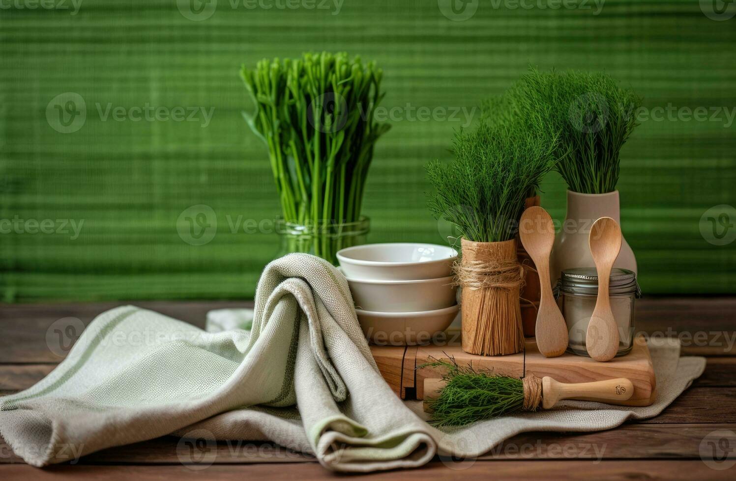 White wooden table covered with green tablecloth and cooking utensils. View from top. Empty tablecloth for product montage. Free space for your text. Created with Generative AI technology. photo