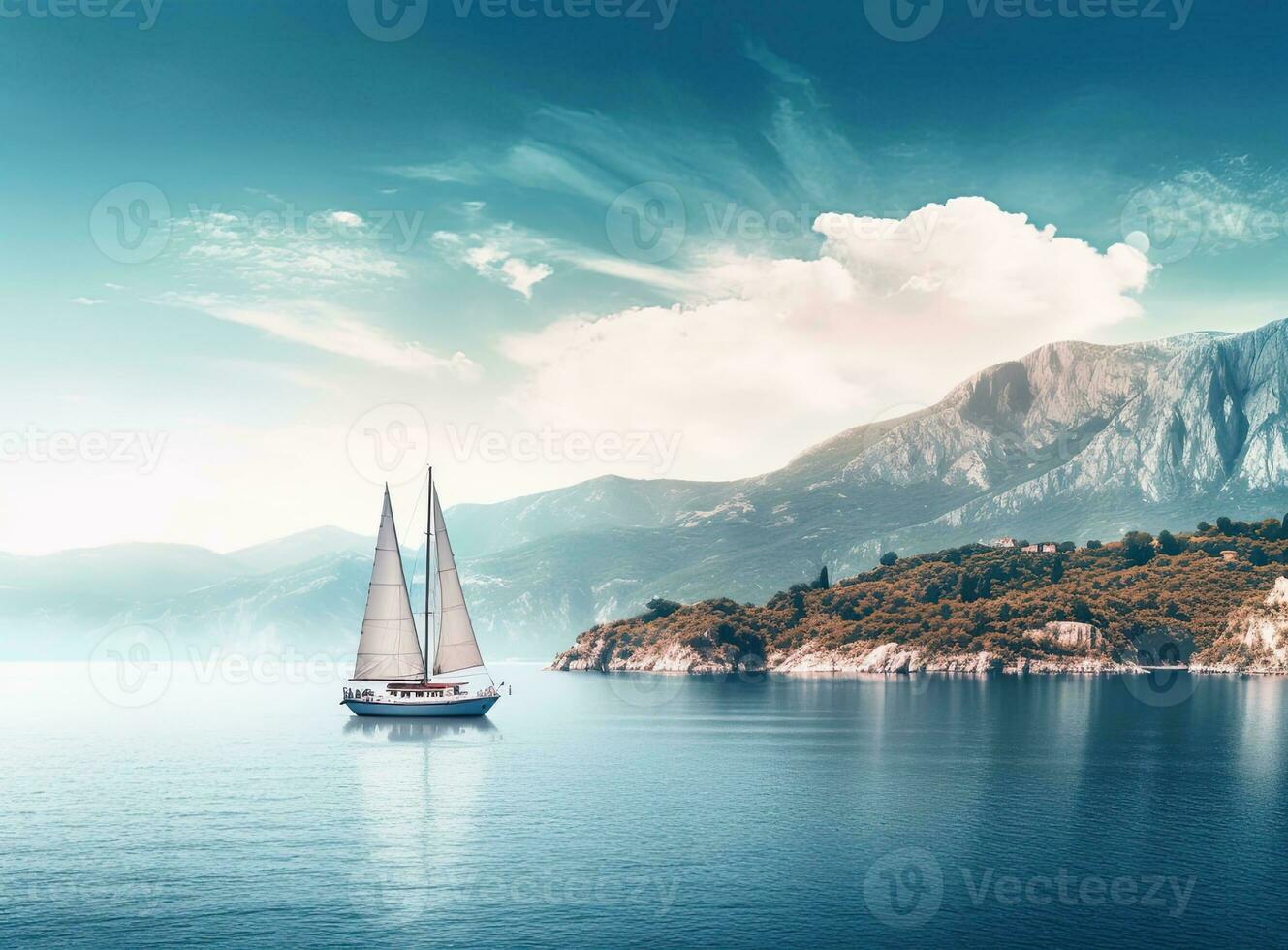 Sailing boat in the sea against the backdrop of mountains. Created with Generative AI technology. photo