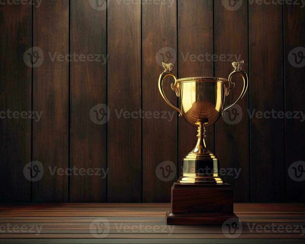 Trophy on top of wooden table in front of dark background. copy space ready for your design win concept. Created with Generative AI technology. photo