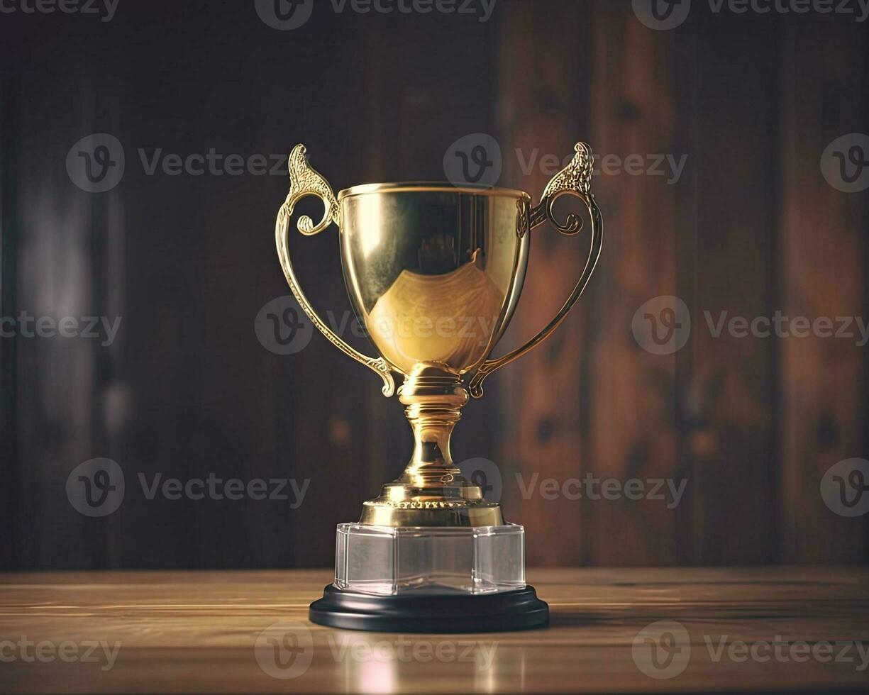 Trophy on top of wooden table in front of dark background. copy space ready for your design win concept. Created with Generative AI technology. photo
