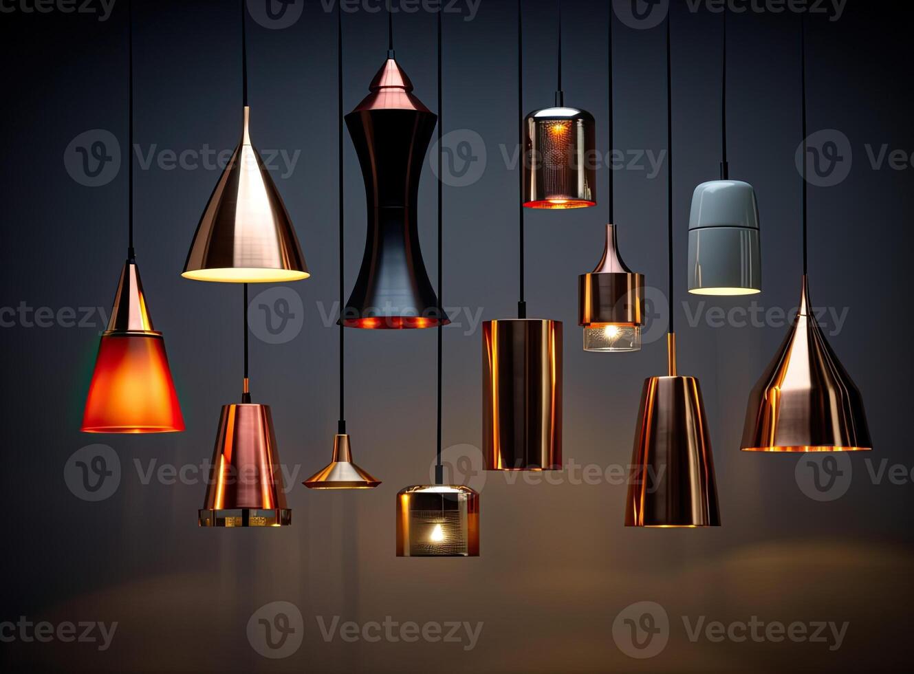 Different modern streamlined mirror copper chandeliers. Bubble metal copper shade pendant. Created with technology. photo