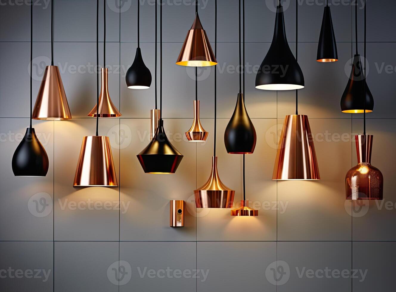 Different modern streamlined mirror copper chandeliers. Bubble metal copper shade pendant. Created with technology. photo