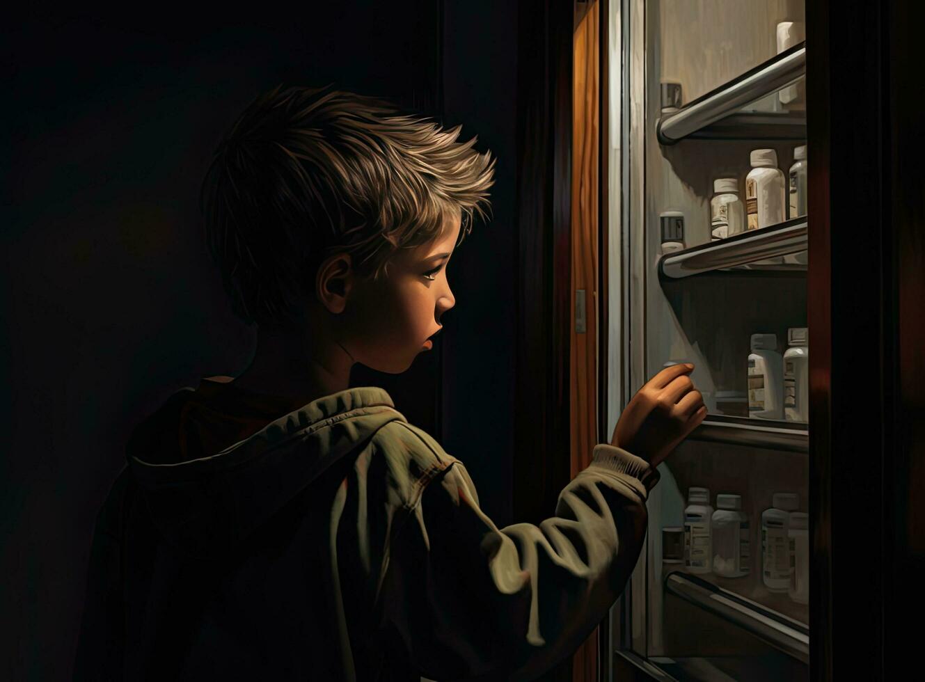 Toddler baby opened the cabinet drawer with pills and medicine. Child boy holding a pack of pills in the home living room Created with Generative AI technology. photo