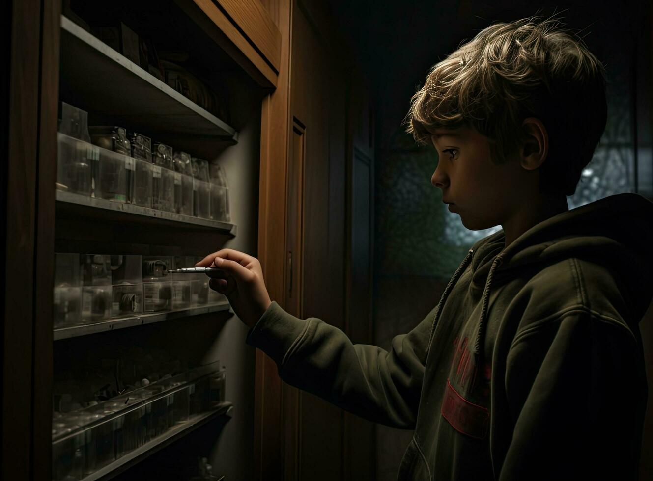 Toddler baby opened the cabinet drawer with pills and medicine. Child boy holding a pack of pills in the home living room Created with Generative AI technology. photo