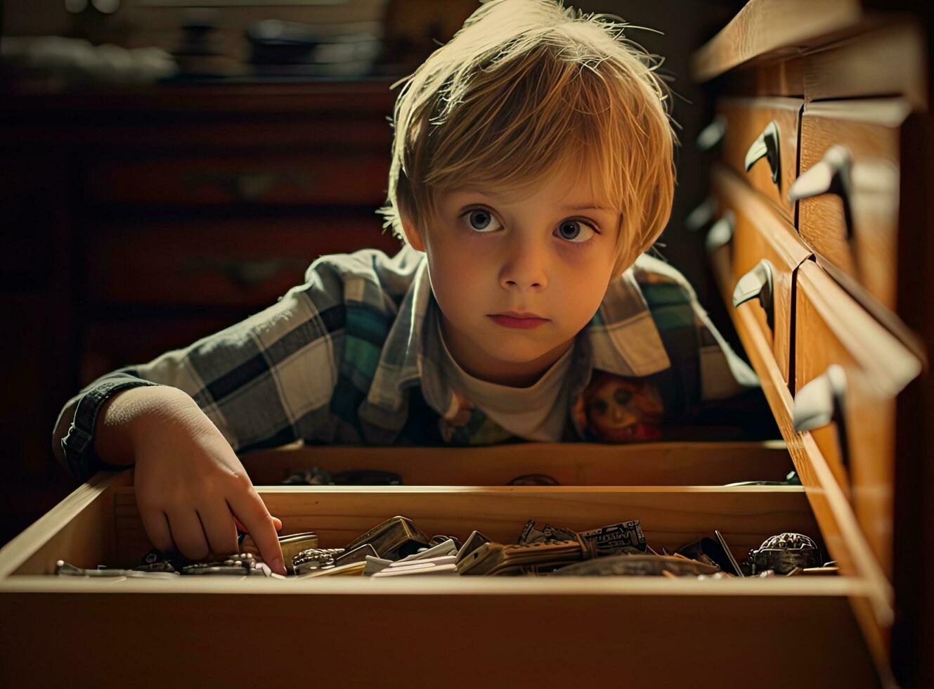 Toddler baby opened the cabinet drawer with pills and medicine. Child boy holding a pack of pills in the home living room Created with Generative AI technology. photo