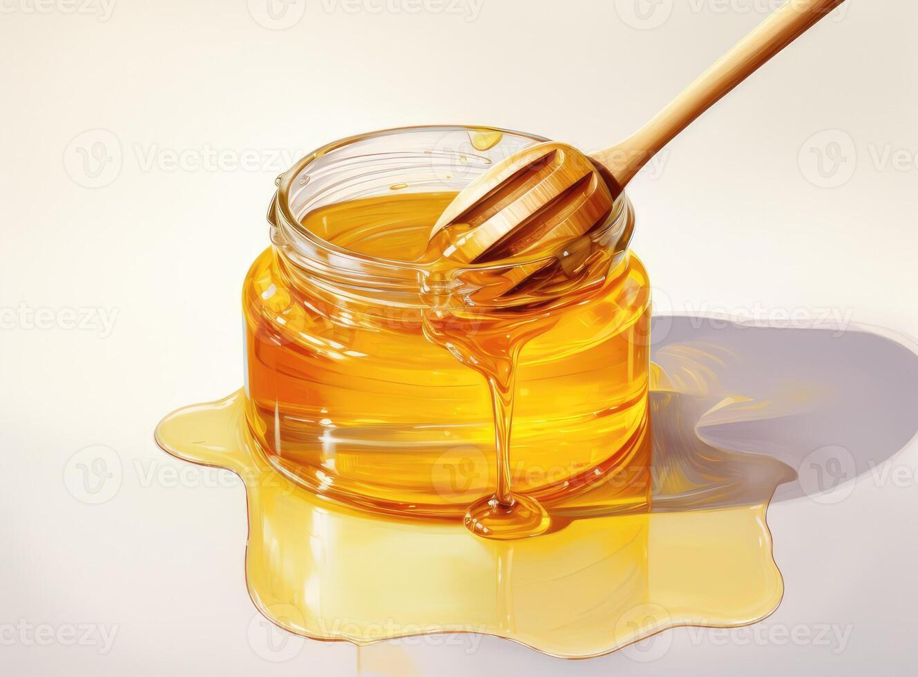 Composition with fresh honey on white background, top view. Created with technology. photo