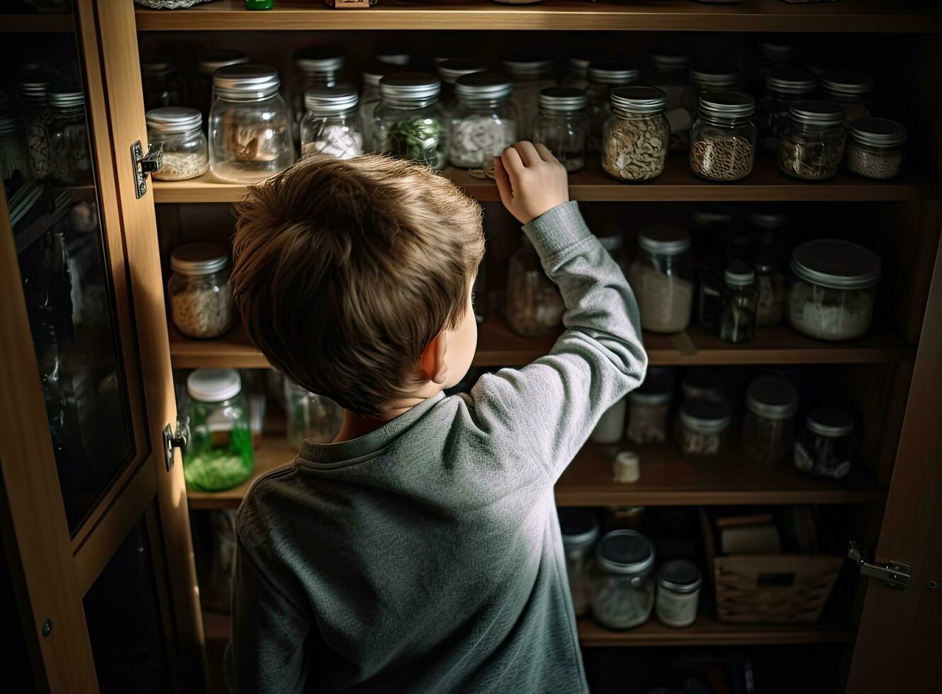 Toddler baby opened the cabinet drawer with pills and medicine. Child boy holding a pack of pills in the home living room Created with Generative AI technology. photo