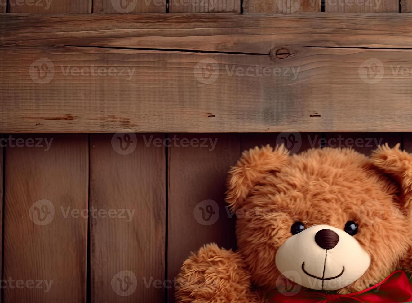 Brown cute teddy bear sneaked behind the old wooden door isolated on white background. Copy space for text and content. Created with technology. photo