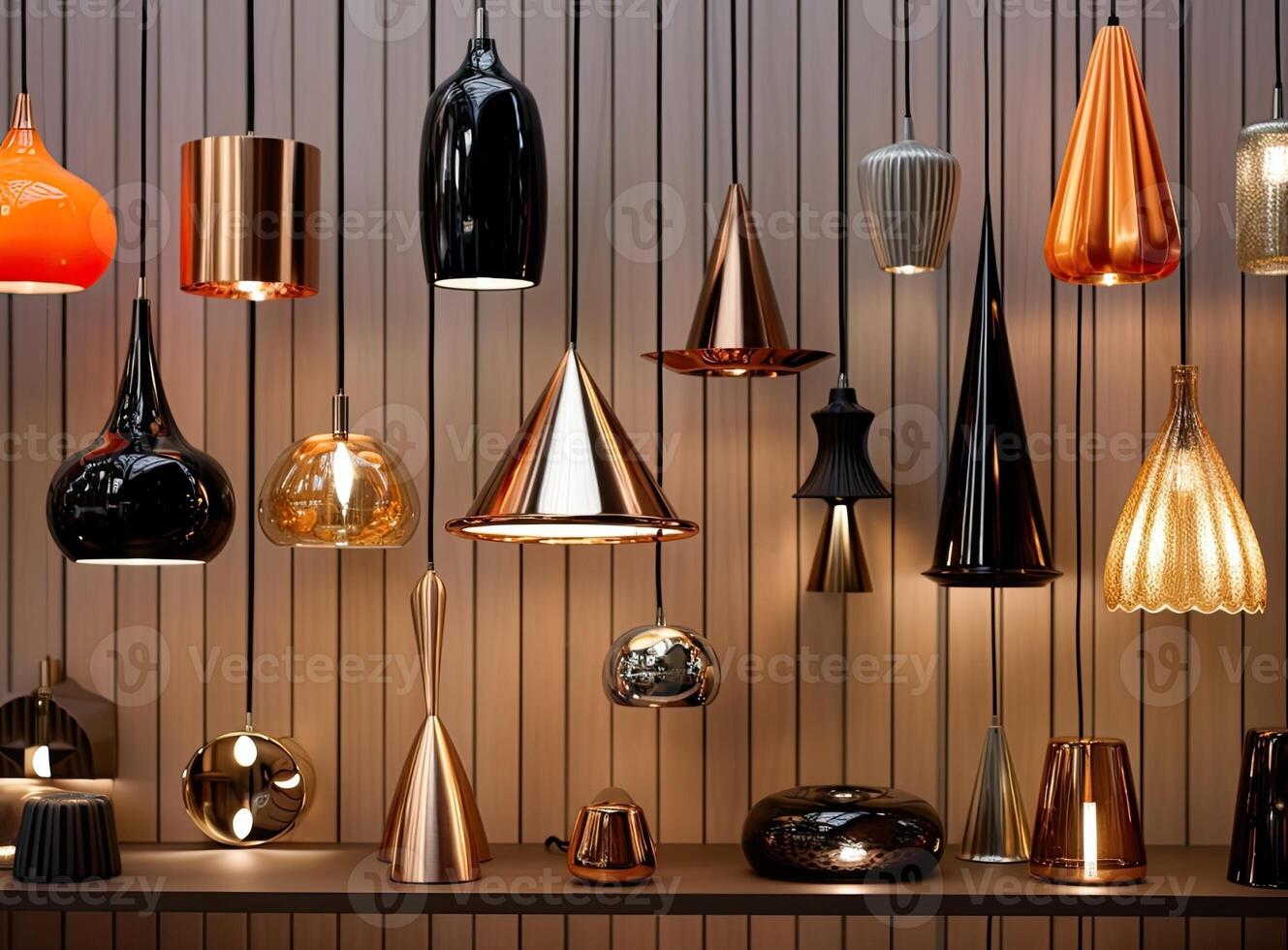 Different modern streamlined mirror copper chandeliers. Bubble metal copper shade pendant. Created with technology. photo
