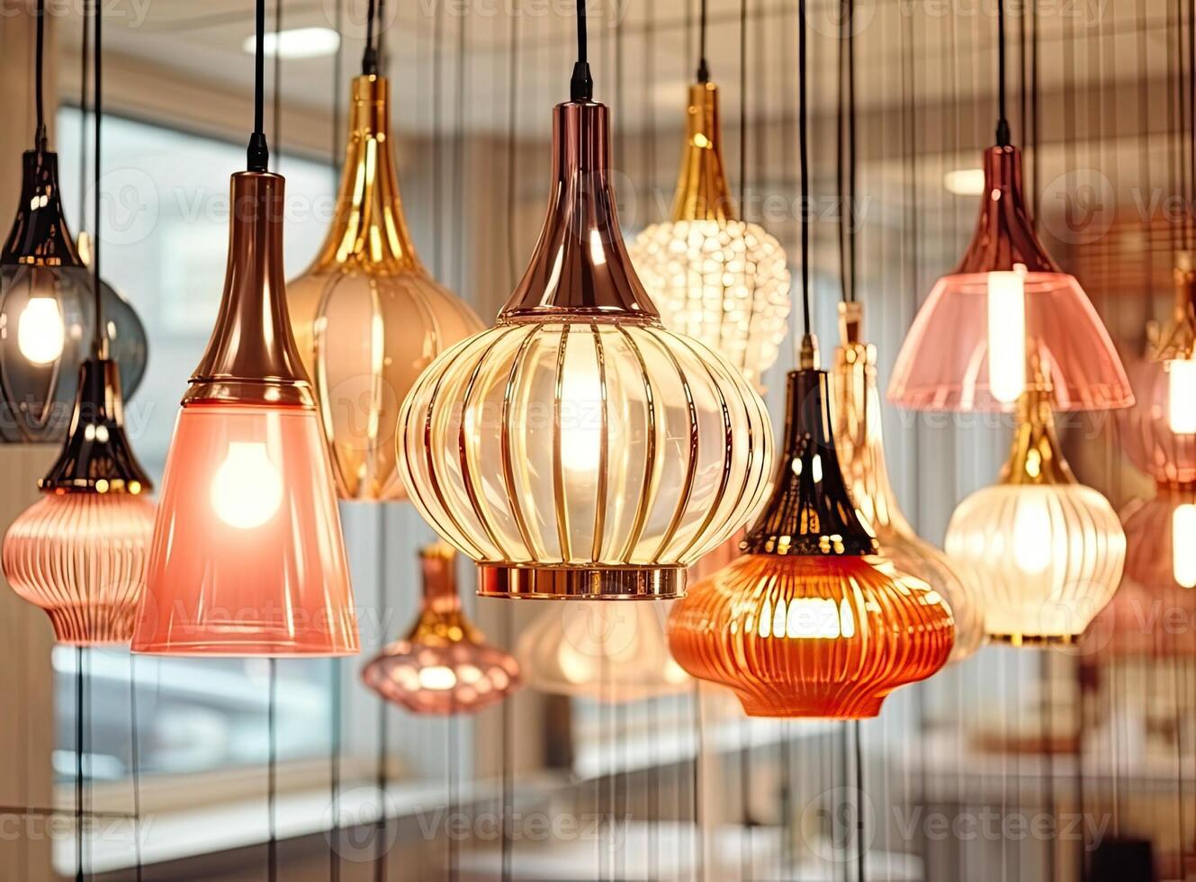 Different modern streamlined mirror copper chandeliers. Bubble metal copper shade pendant. Created with technology. photo