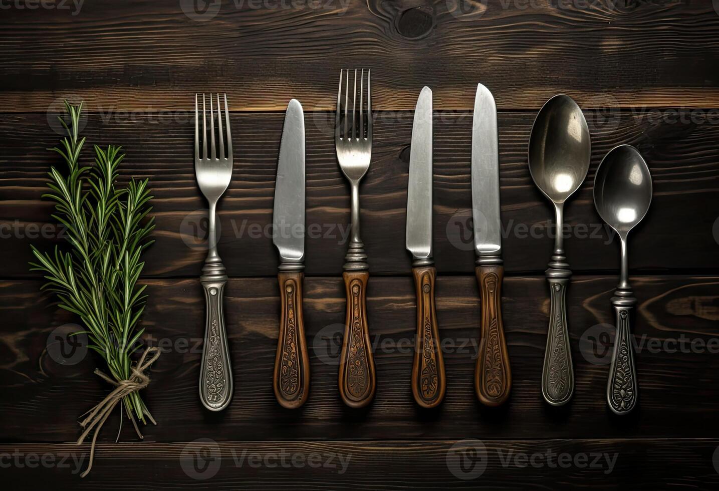 Rustic vintage set of cutlery knife, spoon, fork. Black background. Top view. Created with technology. photo