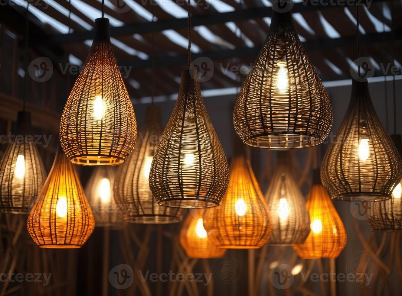 Different modern streamlined mirror copper chandeliers. Bubble metal copper shade pendant. Created with technology. photo