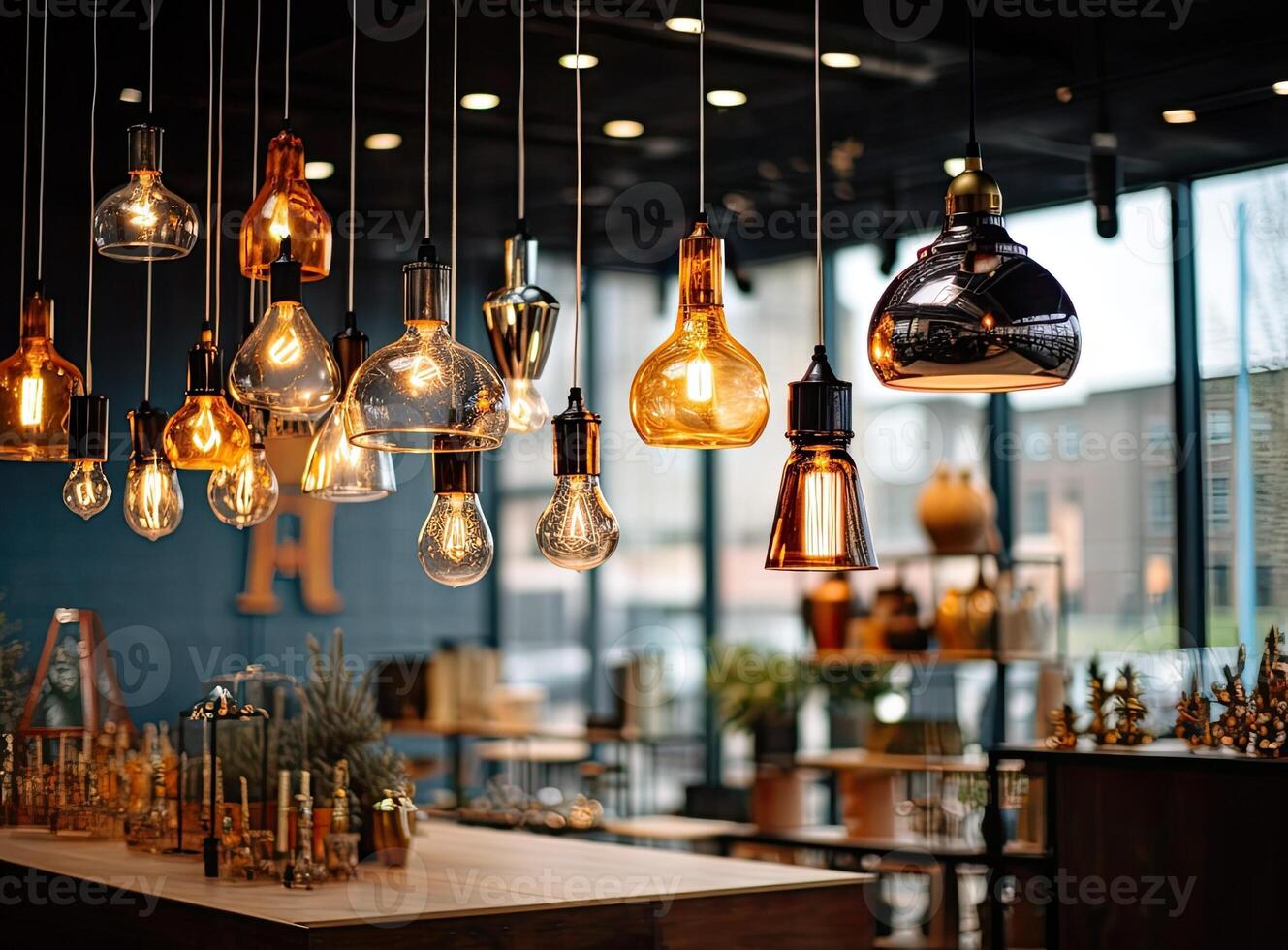 Different modern streamlined mirror copper chandeliers. Bubble metal copper shade pendant. Created with technology. photo