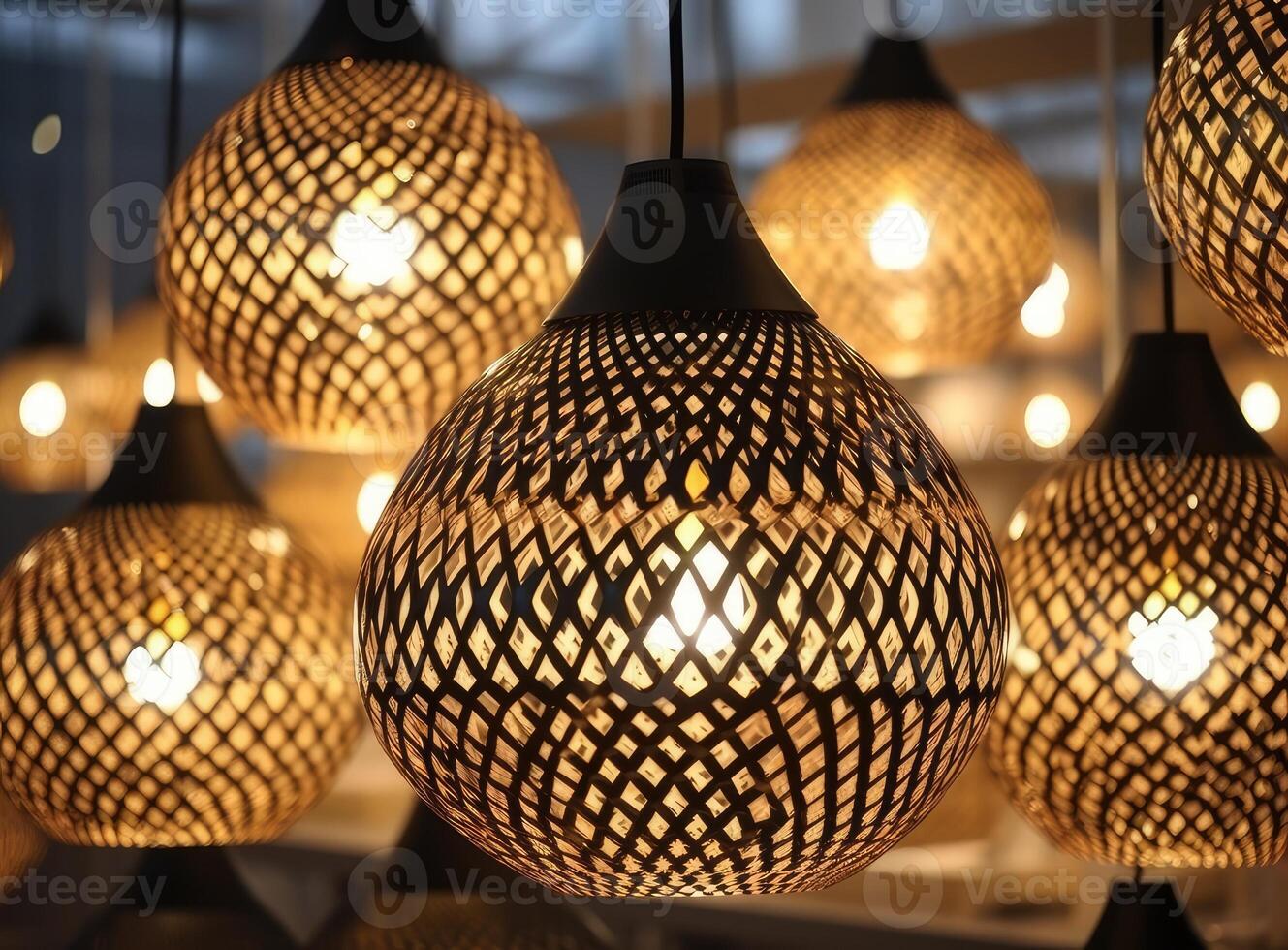 Different modern streamlined mirror copper chandeliers. Bubble metal copper shade pendant. Created with technology. photo