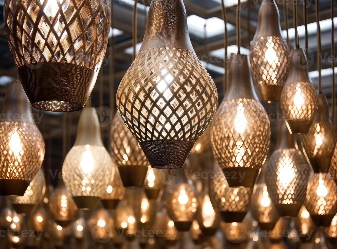 Different modern streamlined mirror copper chandeliers. Bubble metal copper shade pendant. Created with technology. photo