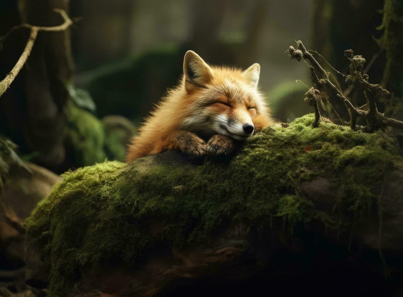 Red cute fox, animal sleeps on a tree. Created with Generative AI technology. photo