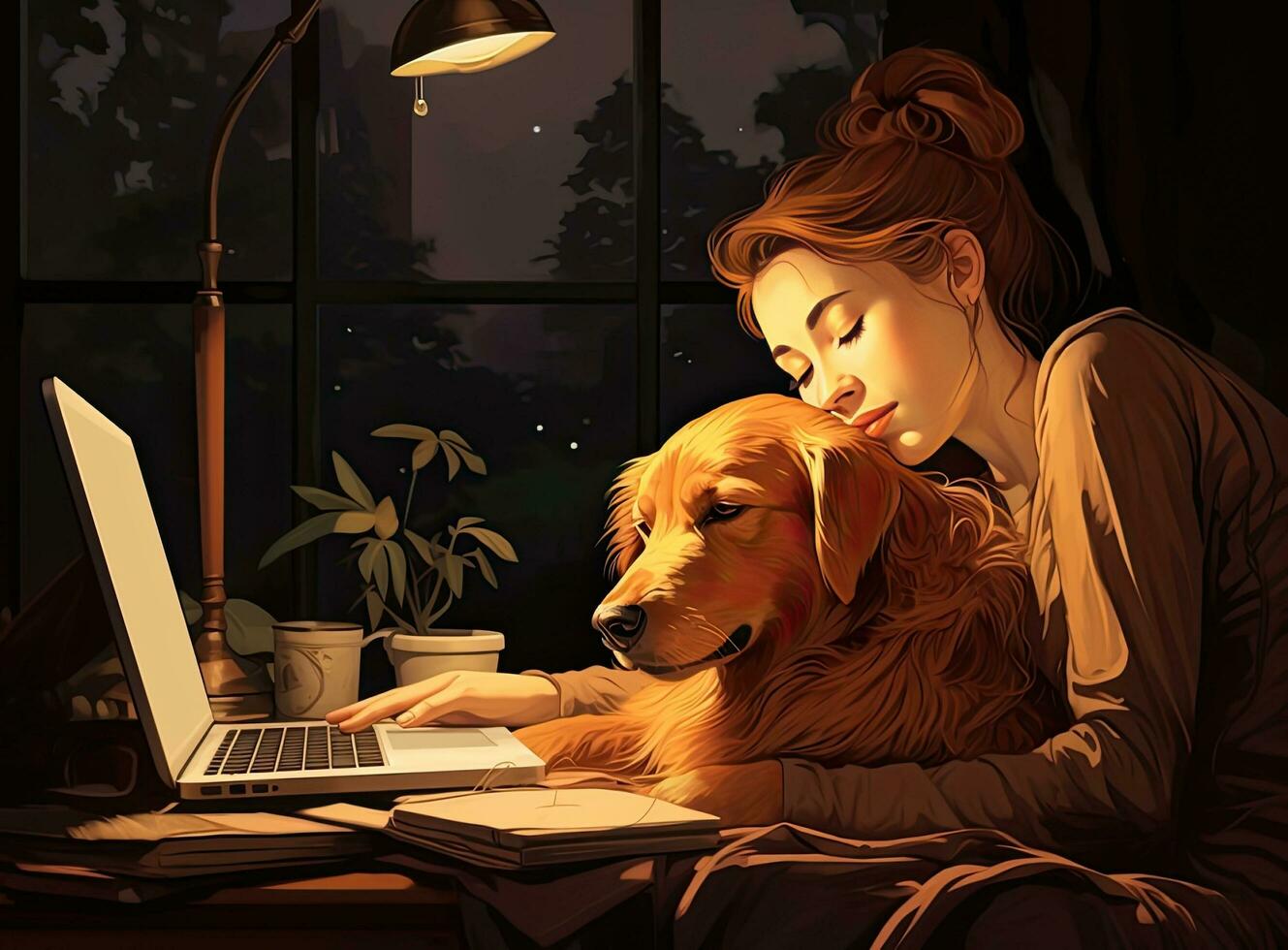 joven mujer trabajando en ordenador portátil a hogar, linda pequeño perro además. trabajo desde hogar, permanecer seguro. creado con generativo ai tecnología. foto