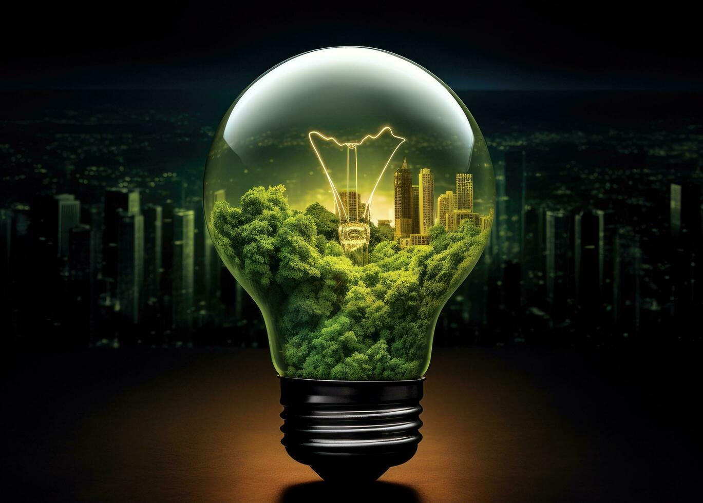Green World Map On The Light Bulb With Green Background, Renewable Energy Environmental Protection, Renewable, Sustainable Energy Sources. Created with Generative AI technology. photo