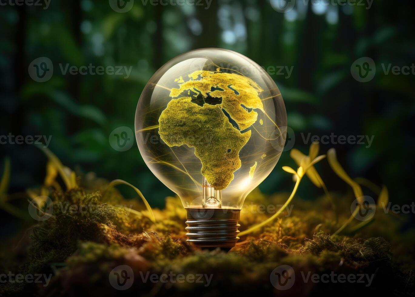 Green World Map On The Light Bulb With Green Background, Renewable Energy Environmental Protection, Renewable, Sustainable Energy Sources. Created with Generative AI technology. photo