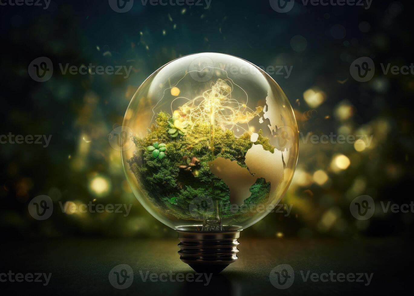 Green World Map On The Light Bulb With Green Background, Renewable Energy Environmental Protection, Renewable, Sustainable Energy Sources. Created with Generative AI technology. photo