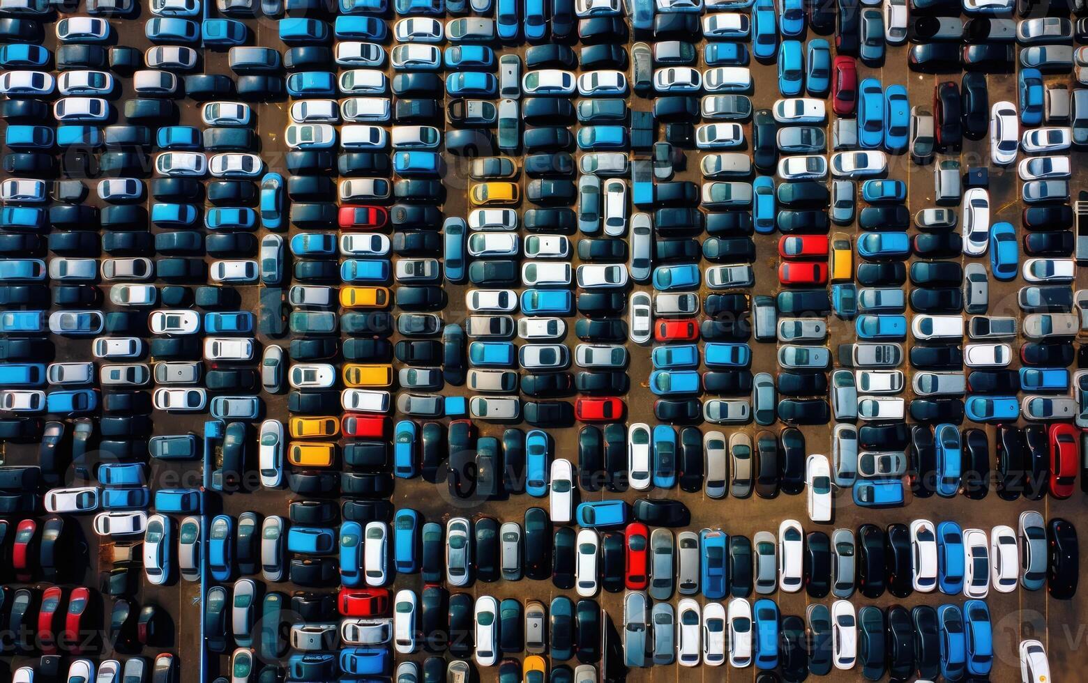 Aerial view new car lined up in the port for import and export business logistic to dealership for sale, Automobile and automotive car parking lot. Created with Generative AI technology. photo