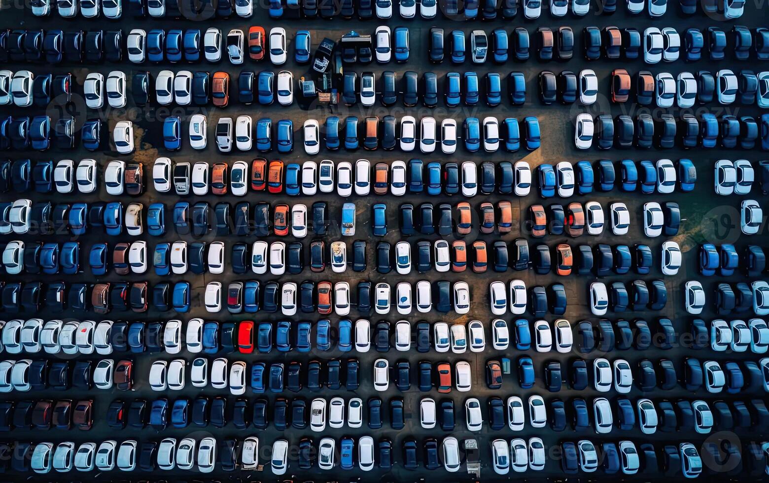 Aerial view new car lined up in the port for import and export business logistic to dealership for sale, Automobile and automotive car parking lot. Created with Generative AI technology. photo