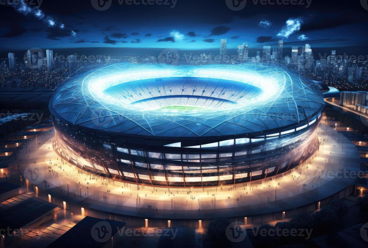 textured soccer game field with neon fog - center, midfield. Created with Generative AI technology. photo
