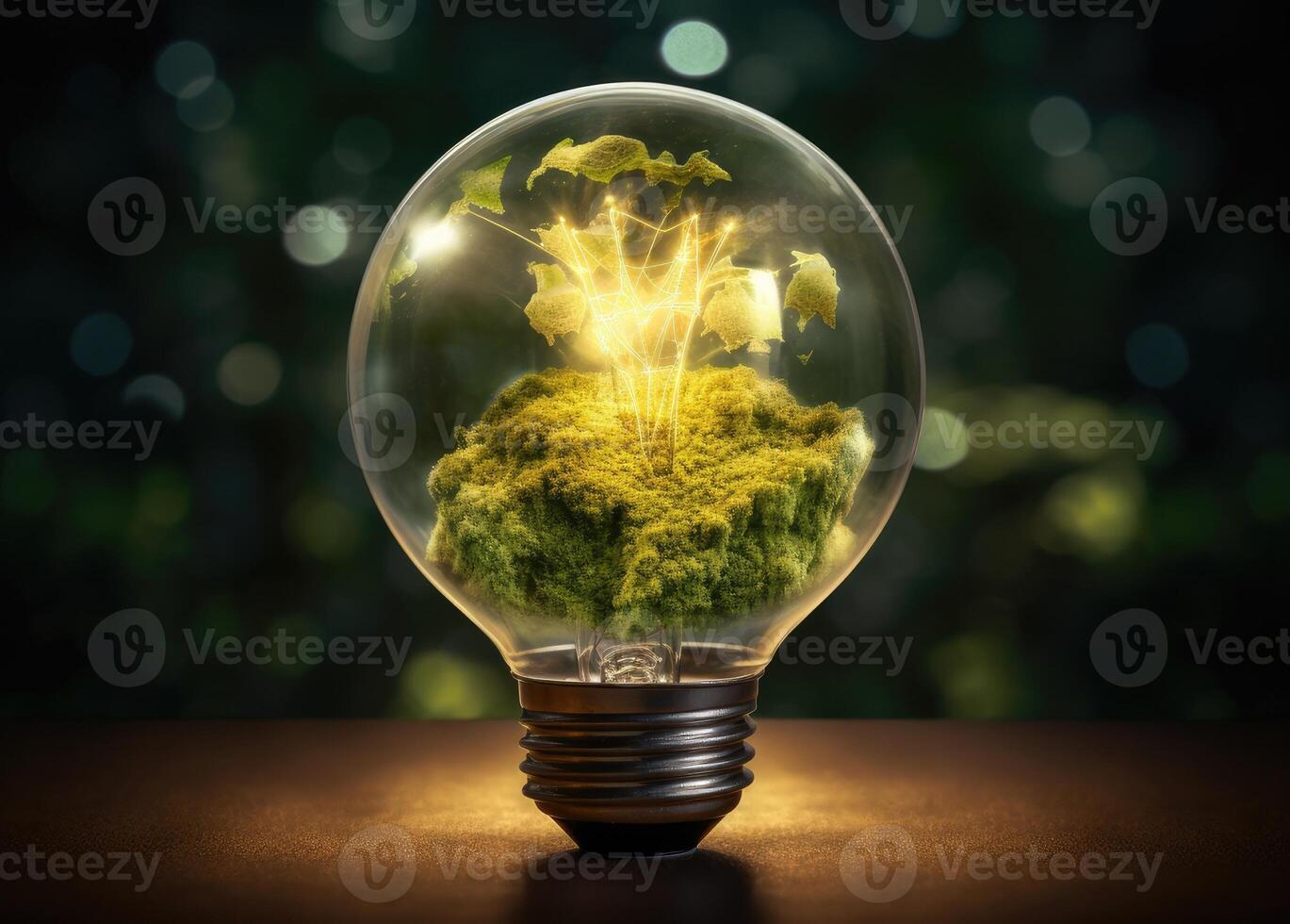 Green World Map On The Light Bulb With Green Background, Renewable Energy Environmental Protection, Renewable, Sustainable Energy Sources. Created with Generative AI technology. photo