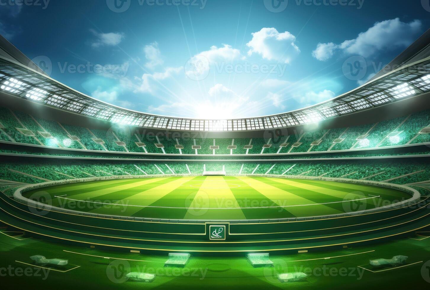 textured soccer game field with neon fog - center, midfield. Created with Generative AI technology. photo