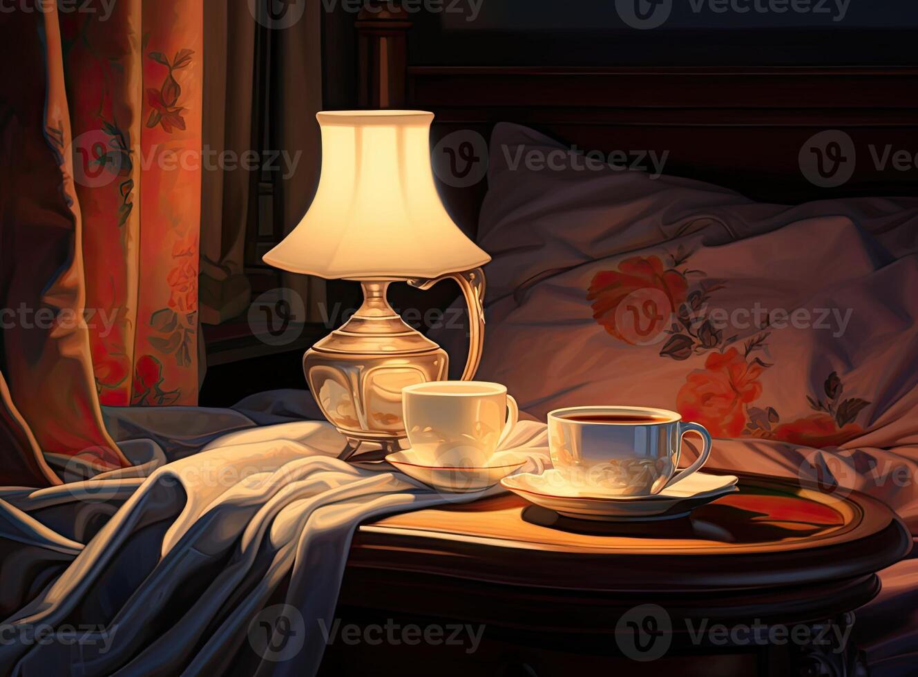 Lamp. Night light by the bedside table with warm light. Intimate setting. Lamp for reading a book on the bed. Created with Generative AI technology. photo