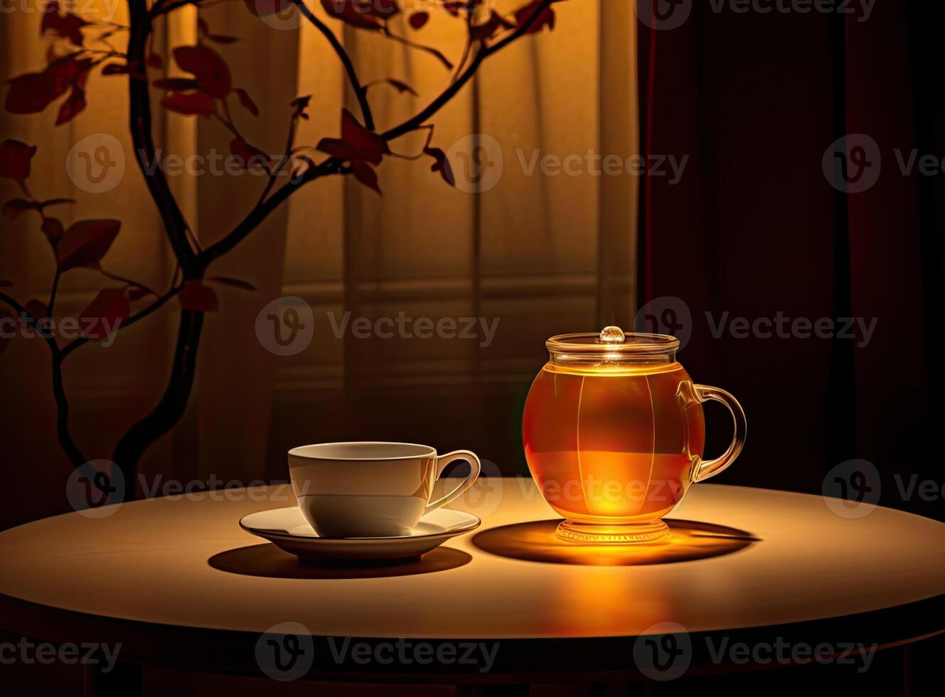 Lamp. Night light by the bedside table with warm light. Intimate setting. Lamp for reading a book on the bed. Created with Generative AI technology. photo