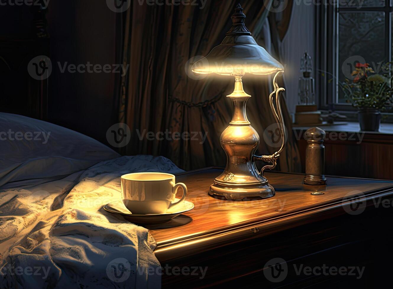 Lamp. Night light by the bedside table with warm light. Intimate setting. Lamp for reading a book on the bed. Created with Generative AI technology. photo