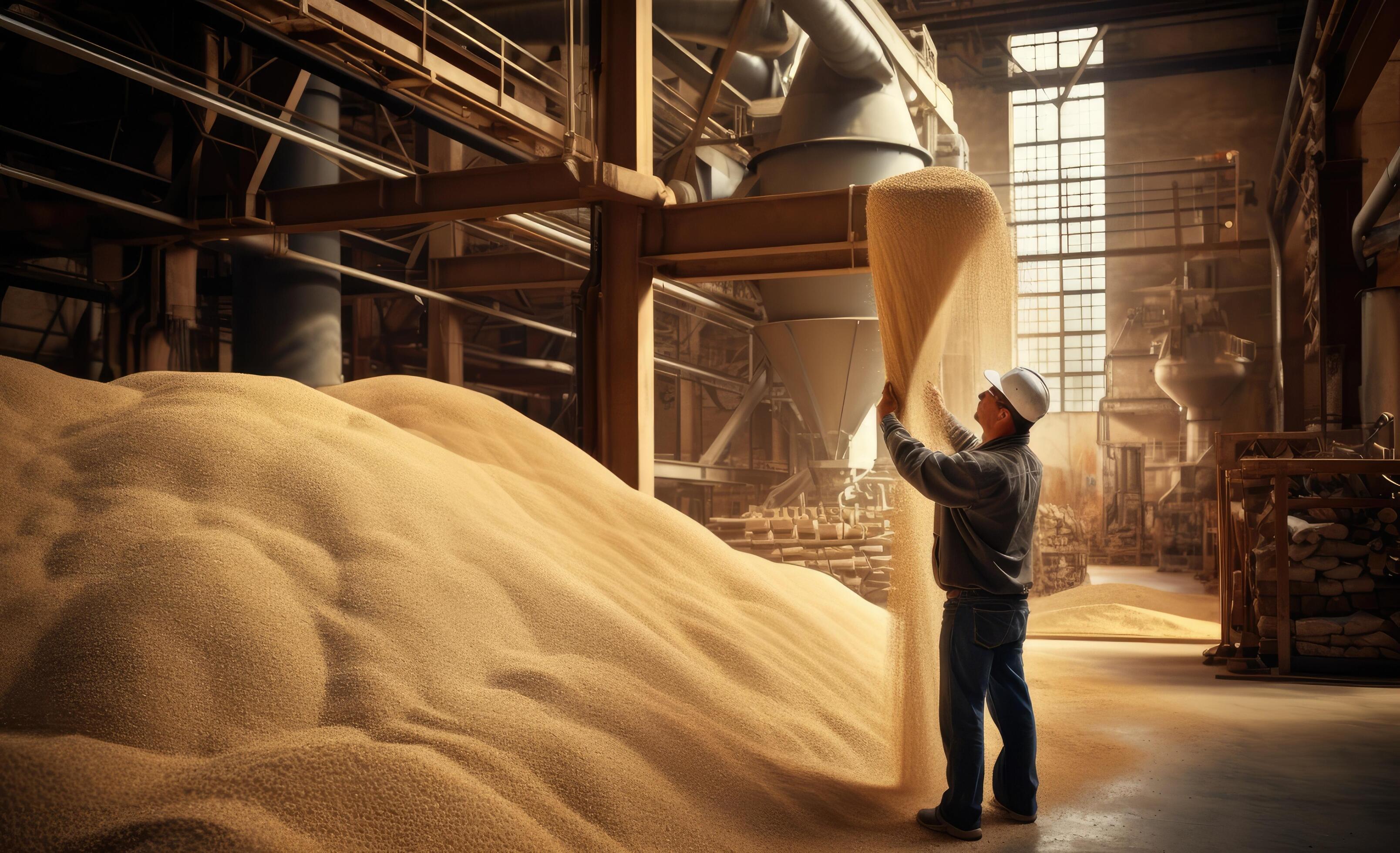 Closeup hands worker holds grain for production of white flour in
